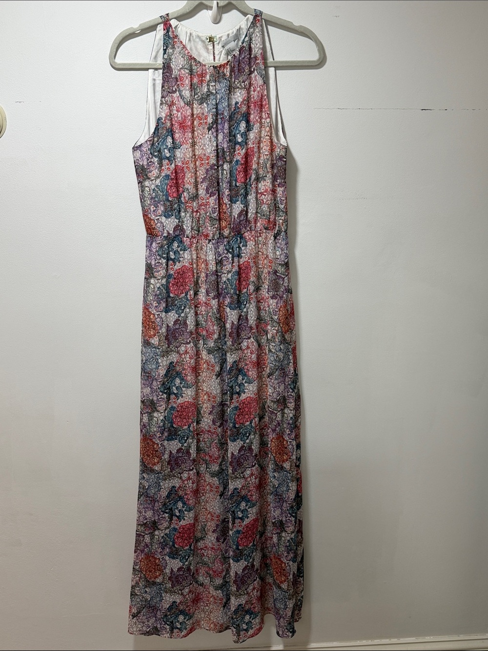 H&M High Neck Floral Maxi Dress BOHO Size 8‎ Slit Sides Light COLORFUL Spring